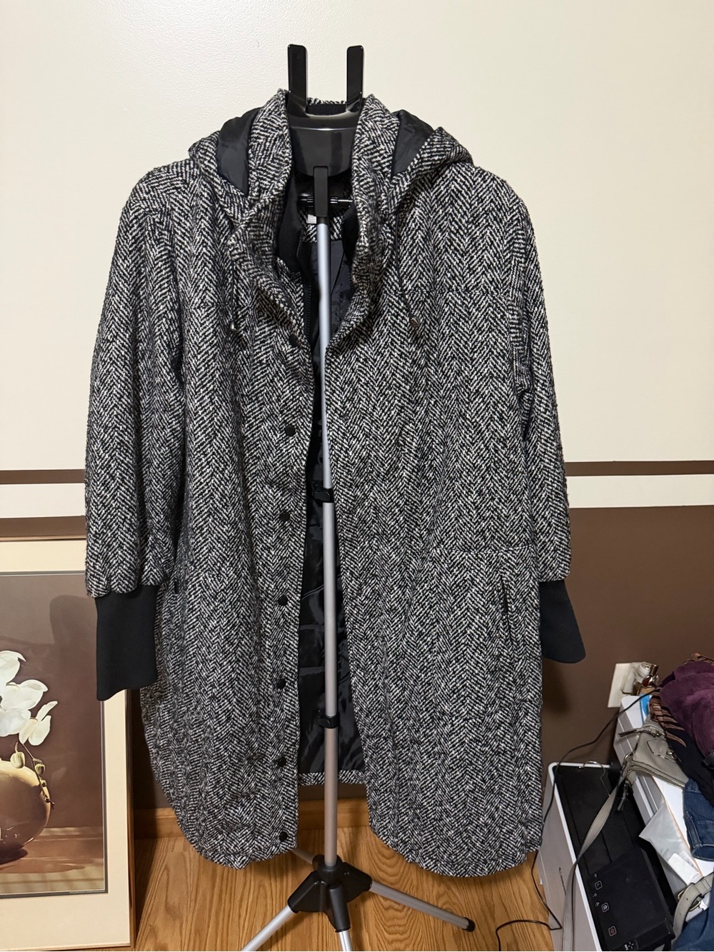 Woman Within Black & White Herringbone Hooded Pea Coat 1X New